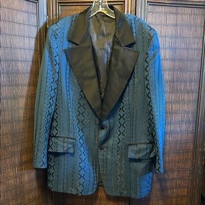 Vintage Blue Brocade Men's After 6 Tuxedo Dinner Jacket Blazer - Smoking Jacket